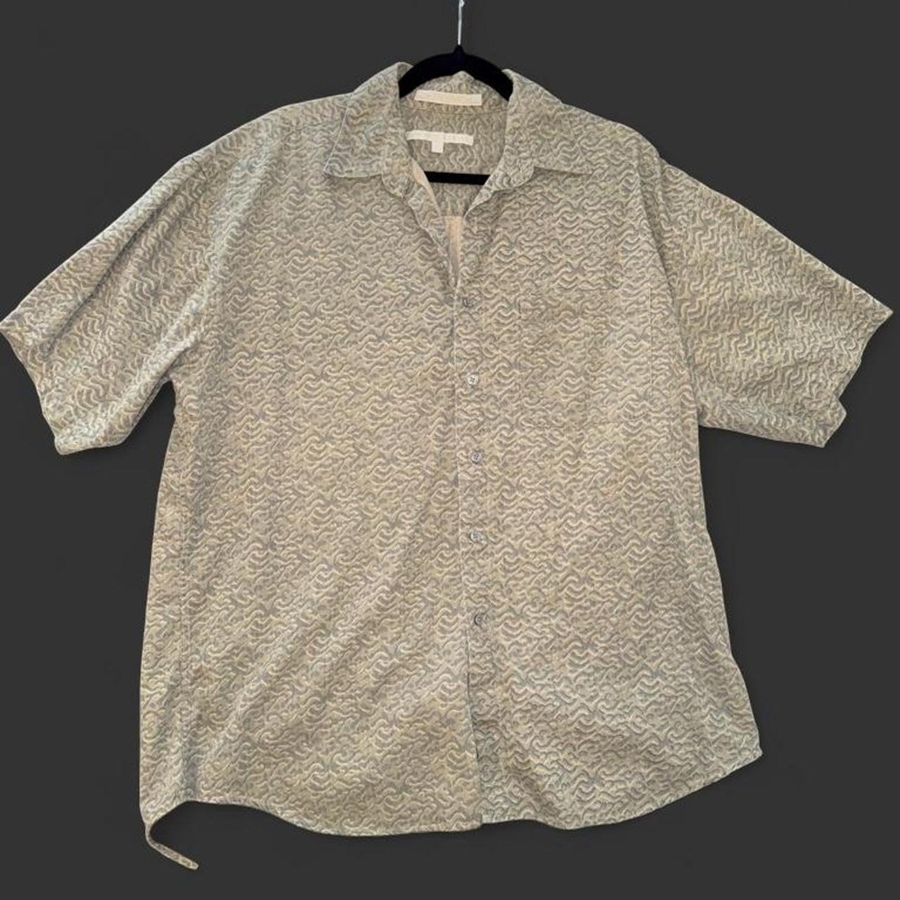 Perry Ellis Men's Large Textured Button Front Camp Shirt Blue Gray Made in USA